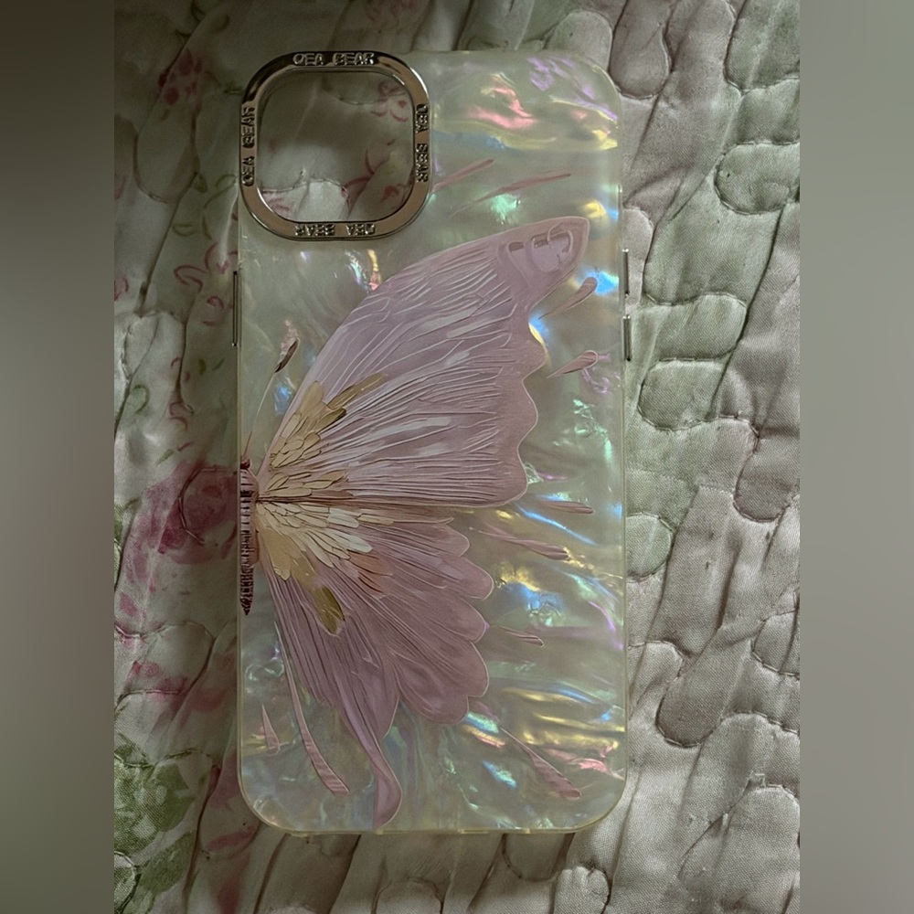 Iridescent Butterfly iPhone Case with Pink Wing Detail